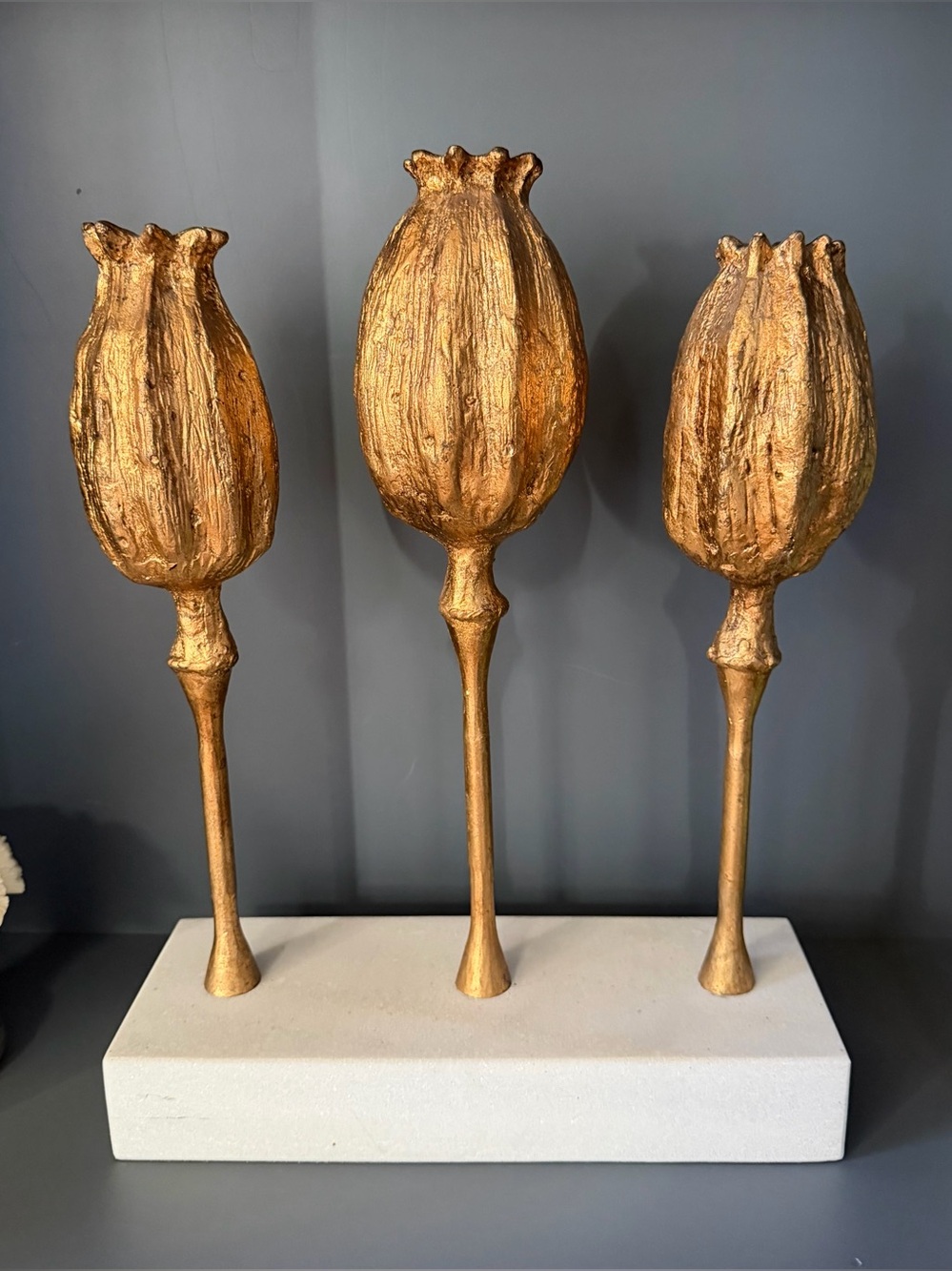 Global Views Gold Poppy Pod Sculpture Trio on Marble Base
